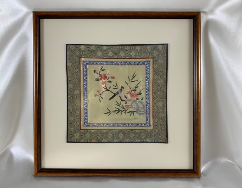 Large Framed Chinese Silk Embroidery Titled “Bird on a Tree Branch”