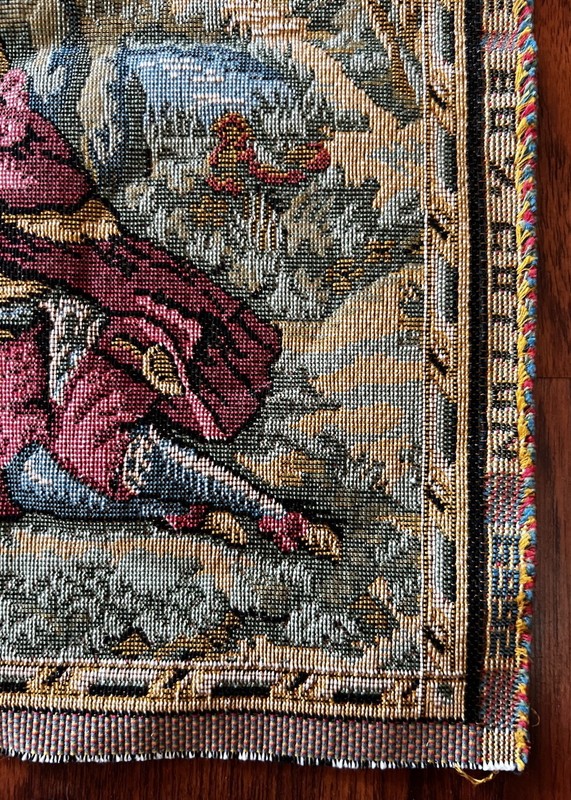 Vintage French Tapestry Square Seated Pastoral Man & Women France 80% Cotton gallery