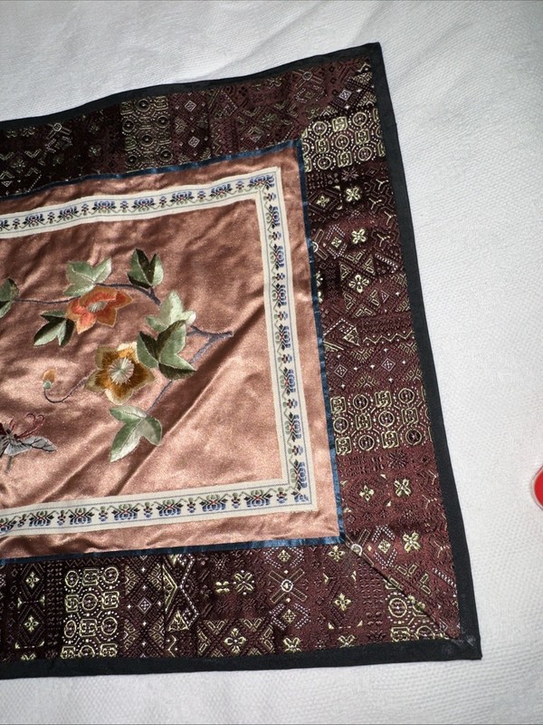 Vintage Silk Embroidered Butterfly Flower Square Earth Tones 9.75 X 11” gallery