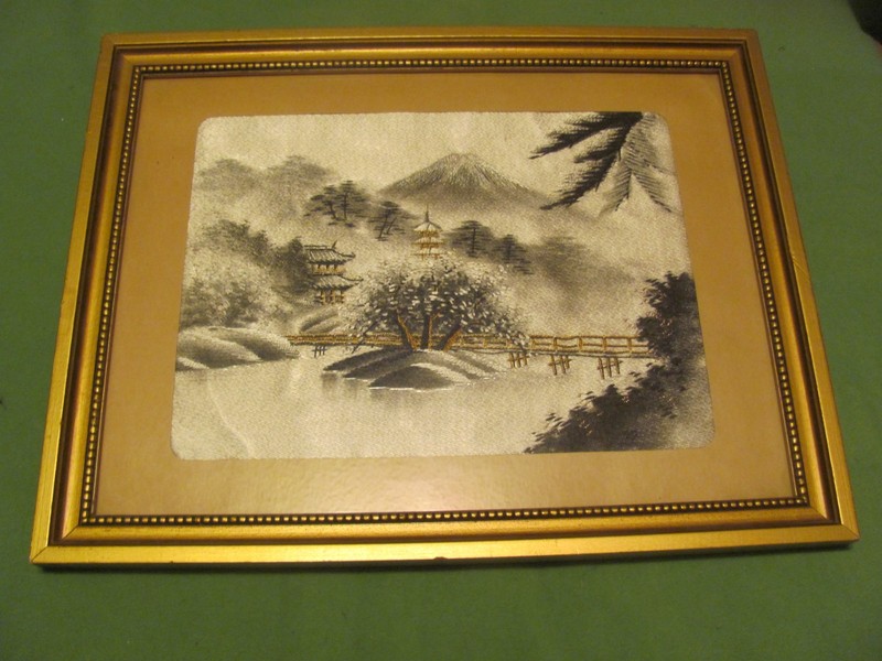 Vintage Japanese Silk Embroidery Art Mt. Fuji Landscape Pagoda Bridge - Framed
