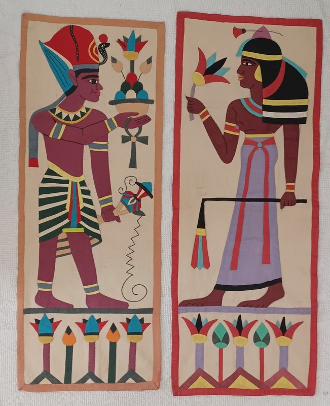 2 Vintage Applique Fabric Wall Hangings Hand Stitched Egyptian Man Woman 46″x18″