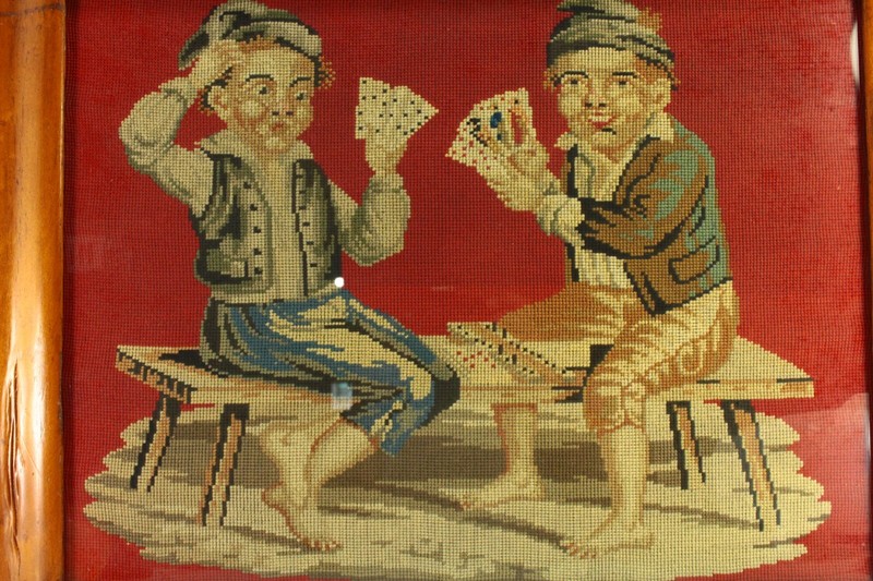 = Antique 19th C. Boys Playing Cards, Victorian Gross-point Needlework Picture gallery