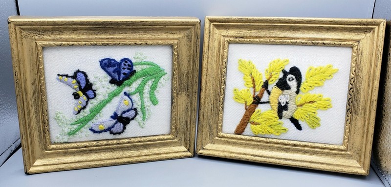 Framed Embroidered Art Pieces, Butterflies Botanical and Bird Botanical