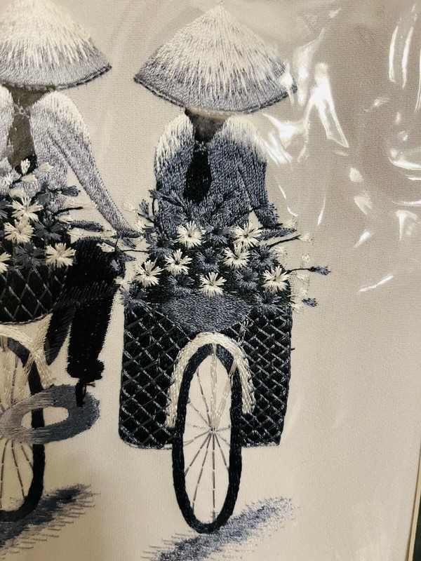 Vietnam Silk Handmade Embroidered Women on Bikes 11 3/4” X 9 1/2”Matted Picture gallery