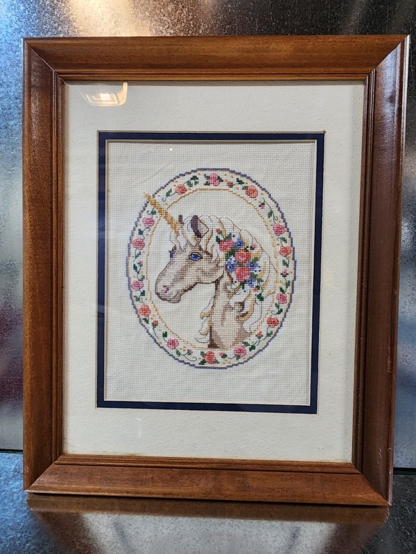 Framed Unicorn Cross Stitch Needlepoint Wall Art Floral 13x 16