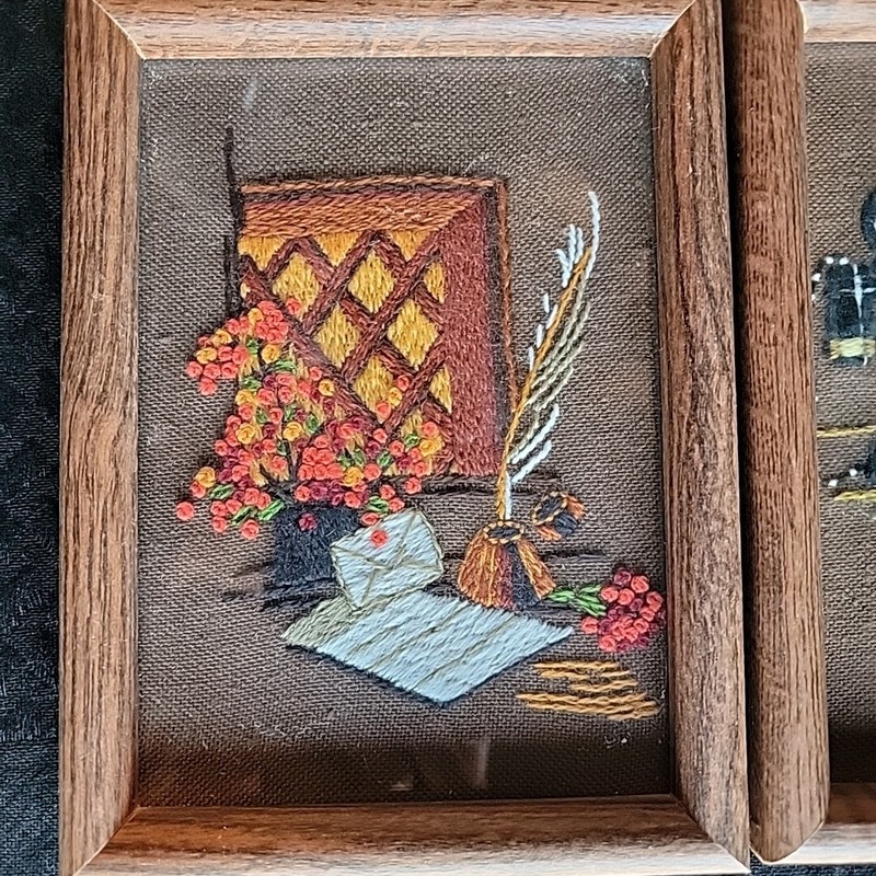Kitschy 3 framed pictures Needle Point Antique scene gas lamp old fashioned Phon gallery