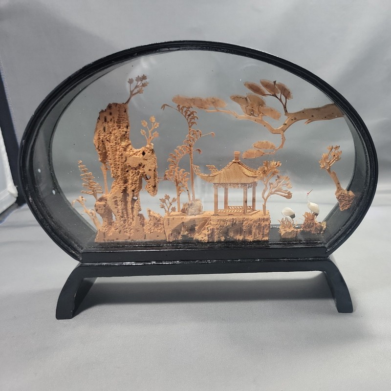 San You Oriental Hand Carved Cork Art 3D Diorama | Cranes, Pagoda, & Bonsai