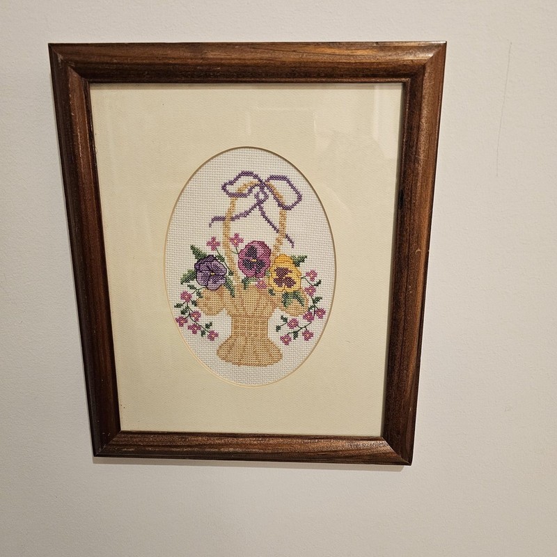 Vintage Floral Basket Cross Stitch Art – Wood Frame – Cottagecore Wall Decor