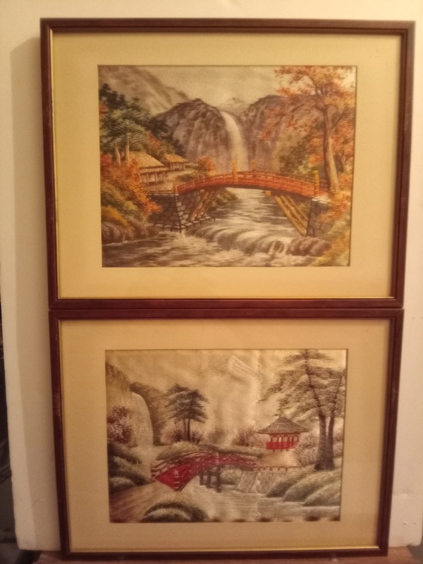 Japanese Silk Embroidery Framed Art Set Bridge Pagoda Landscape Nature gallery