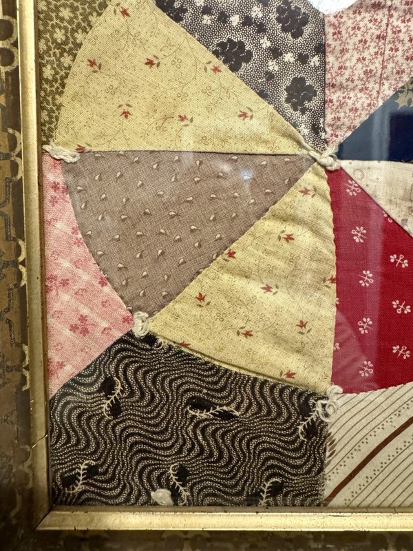Antique 1800s Walnut Frame w/ Early 1900s Patchwork Quilt Square Textile Art gallery