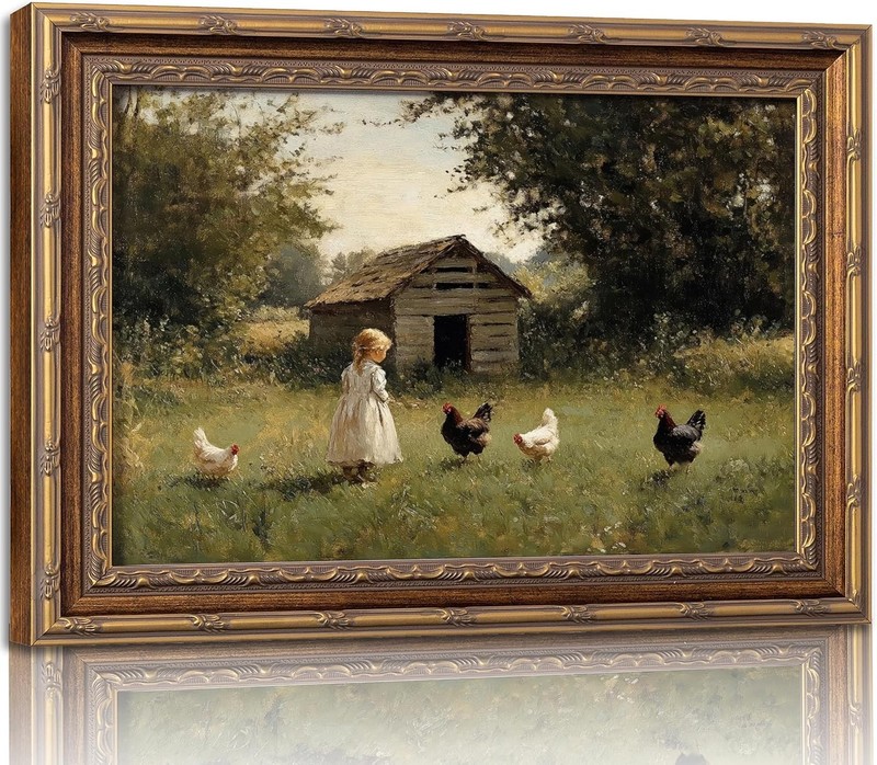 Vintage Gold Framed Wall Art Retro Country Farm Girl 11L x9W Farmhouse Chicken