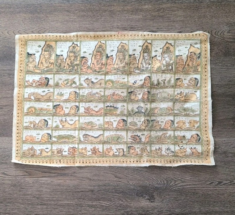 Vintage Balinese Kamasan Painting Hand Painted Fabric Folk Art Calendar 23×15.5