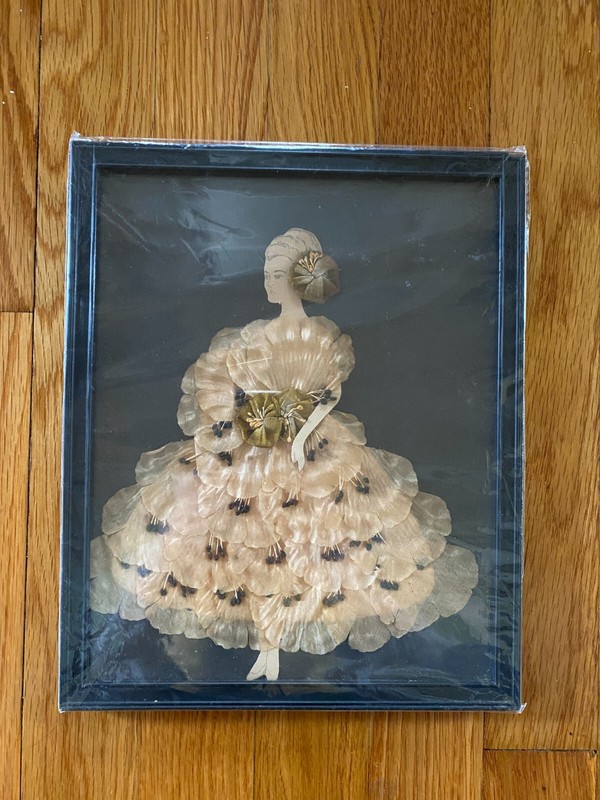 Vtg Framed 1926 Handmade Craft Art – Lady In Floral Dress Fabric Flowers & Paper