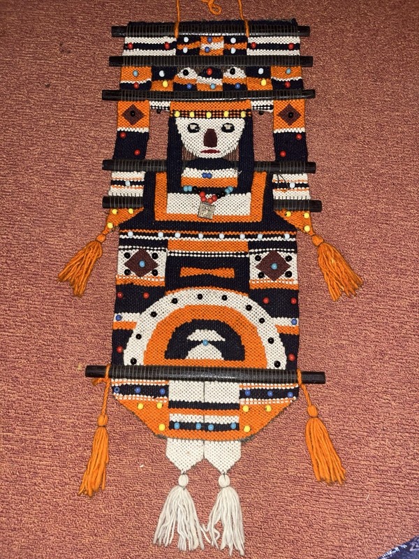 MCM Yarn Art Wall Hanging Boho Tapestry Beaded 13”x28” Vintage Folklore Decor
