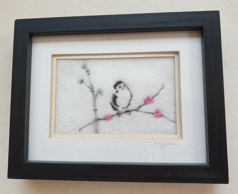 HAND FELTED & FRAMED » BIRD ON A BRANCH » TEXTILE ART BY JOY GREEN 23 CM X 18 CM