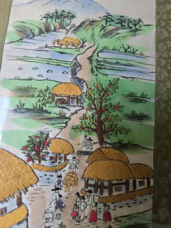 Vtg Korean Traditional County Lifestyle Two Panels Painted, Embroidered Framed gallery
