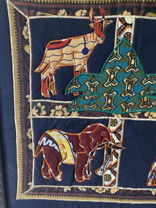 Antique Rare African Art Embroidered Fabric Wall Animals Handmade Custom Framed gallery