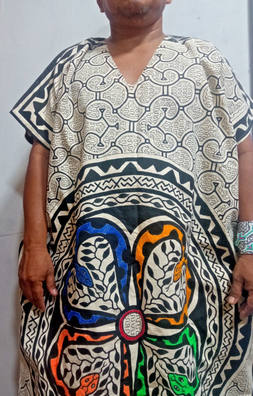 Shipibo Native Unisex Hand painted & embroidery Kene design Cushma 61"x35" gallery
