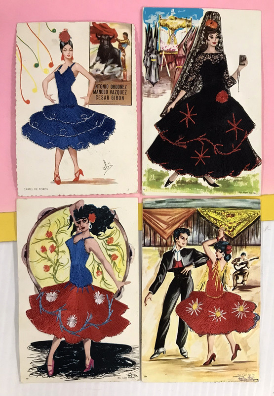 4x Vintage Savir EMBROIDERED Postcards from Barcelona SPAIN *LOOK! #12