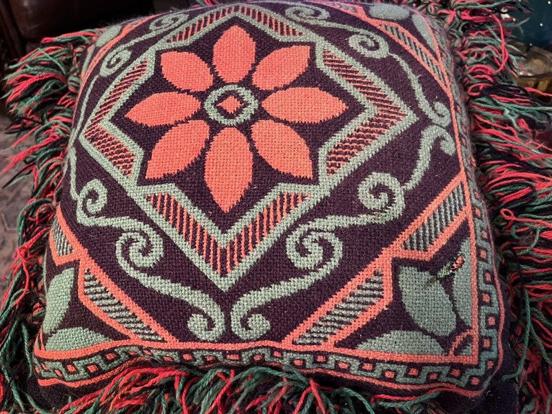 Handcrafted Needlepoint Pillow Fringed Flower Wool Boho Autumn Vtg