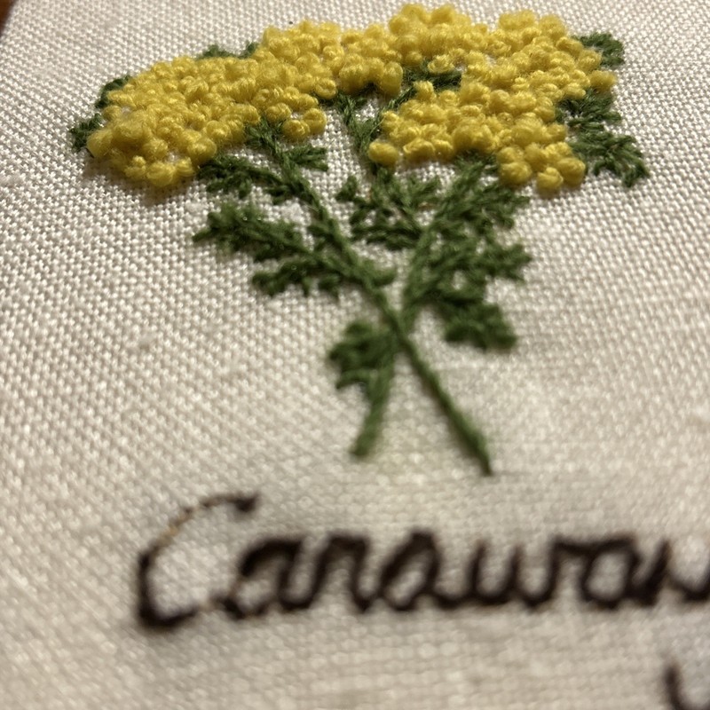 Vintage 1970's Caraway Spice Crewel Embroidery 4 x 5" Yellow and Green-unframed gallery