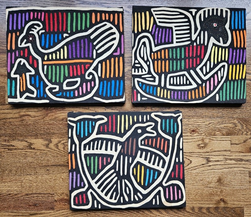 3 Vintage MOLA Framed Textiles | Hand-Stitched Art | 14×12 | Bird Rooster Horse