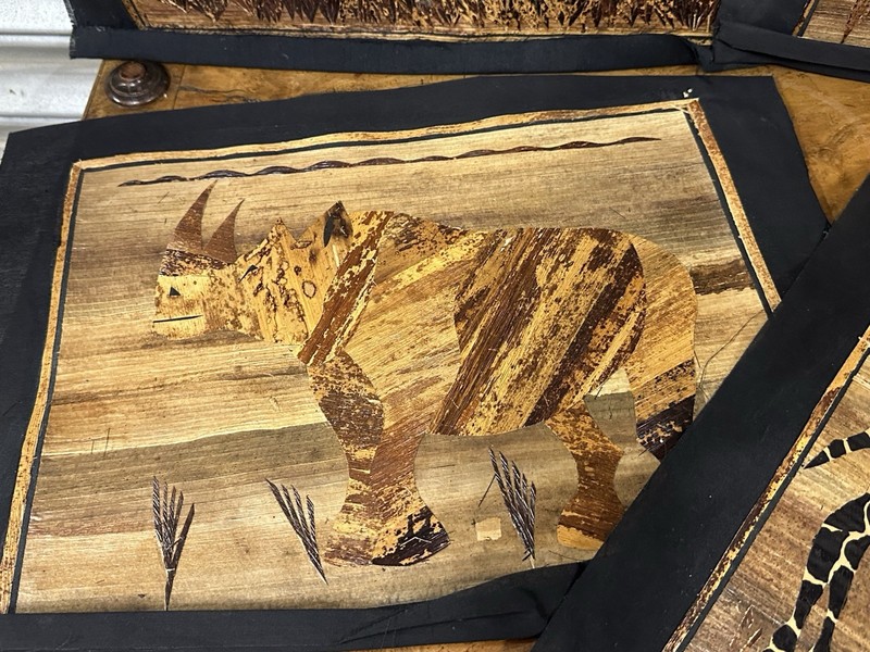 Set of 4 Vintage African Banana Leaf Marquetry Inlay Pictures, African Animals gallery