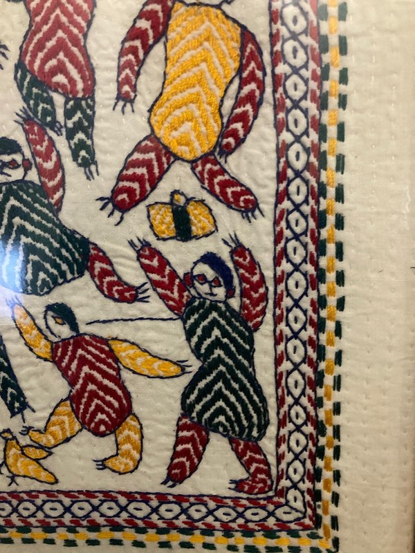 FRAMED KANTHA EMBROIDERY Aarong Dancing Men Ethnic India/ Bangladesh Tapestry gallery