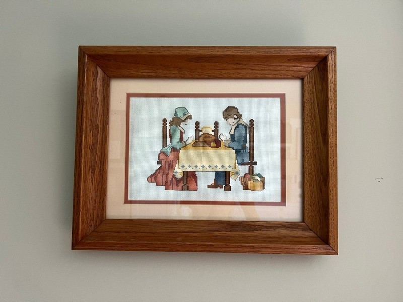 1970s VTG Fall Pilgrim Thanksgiving Cross-Stitch Needlepoint Framed Art Piece