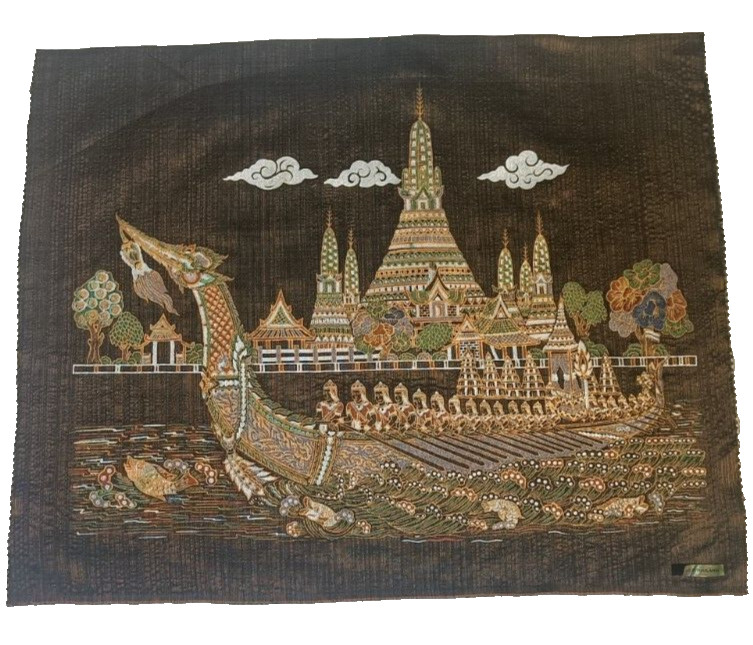 Vintage Thai Silk Print Painting of Men with Oars, Royal Barge Thailand (bronze) gallery