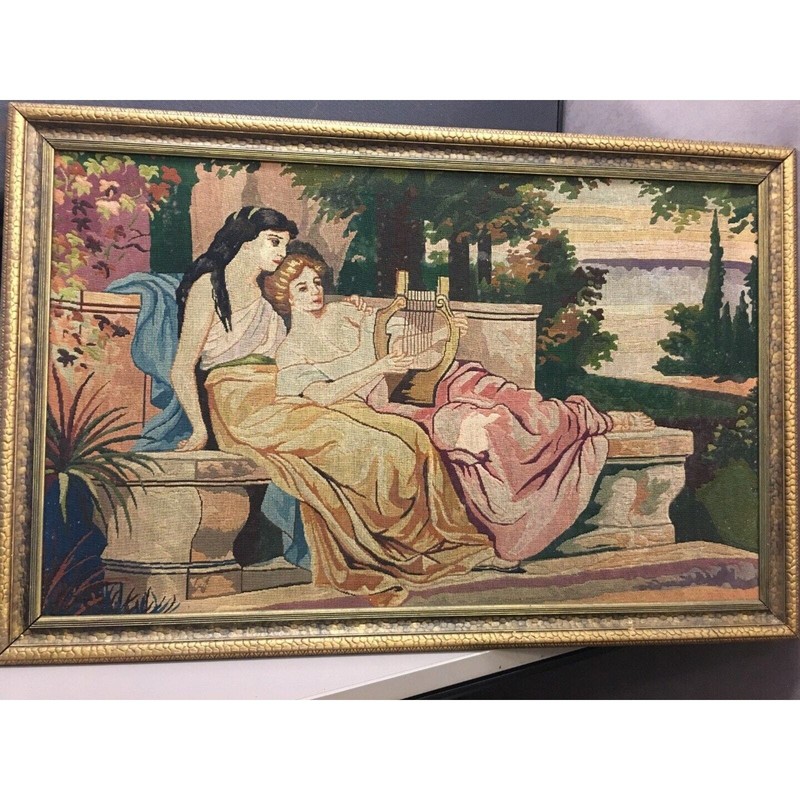 Antique Hand Woven Tapestry Man with Lyre and Woman by the Hellespont