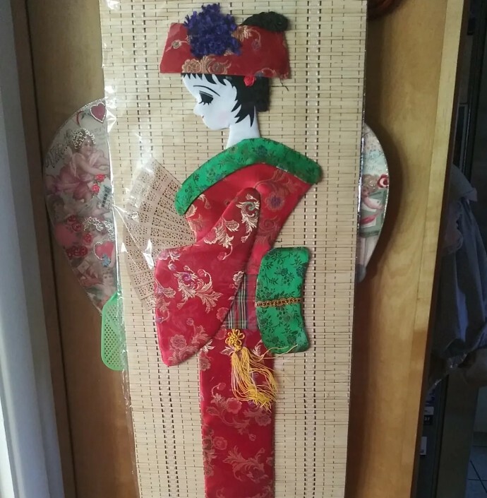 2 Bamboo Scrolls Applique Fabric Geisha Japanese Wall Hanging Art 38" X 13"Wide gallery