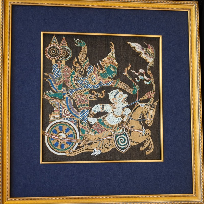Vintage Thai Ramakien Silk Art Chariot Scene Framed Thai Temple Textile Wall…