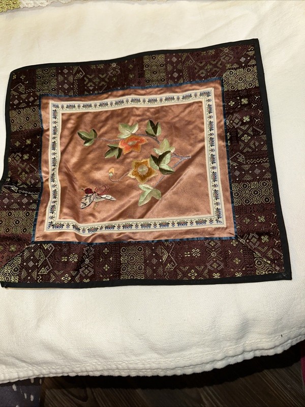 Vintage Silk Embroidered Butterfly Flower Square Earth Tones 9.75 X 11”