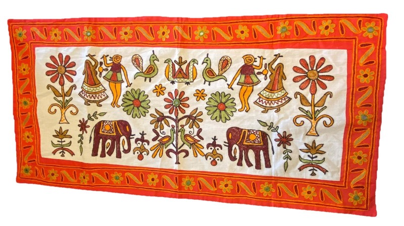 Indian Sewn Folk Art Cloth Table Runner Wall Hanging Embroidered People Animals