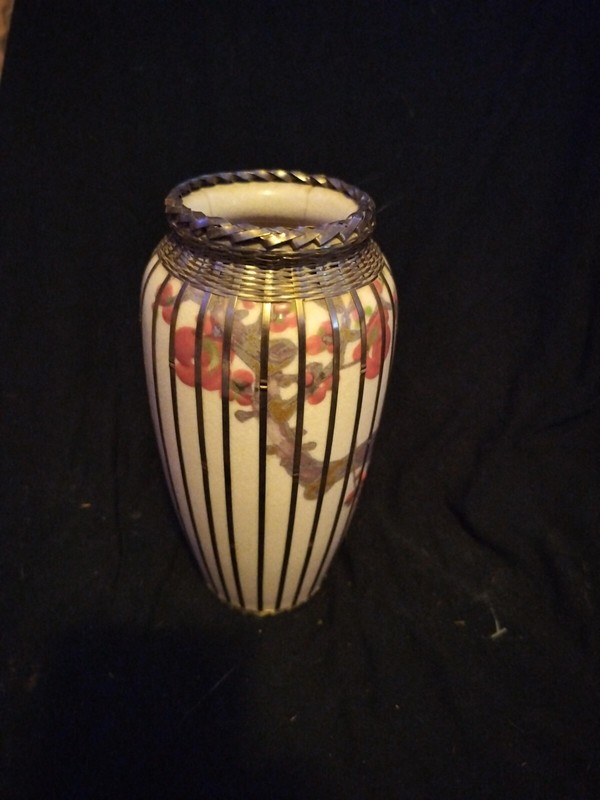 Japanese Meiji Silver Basket Weave Overlay Ceramic Vase • Hand Painted