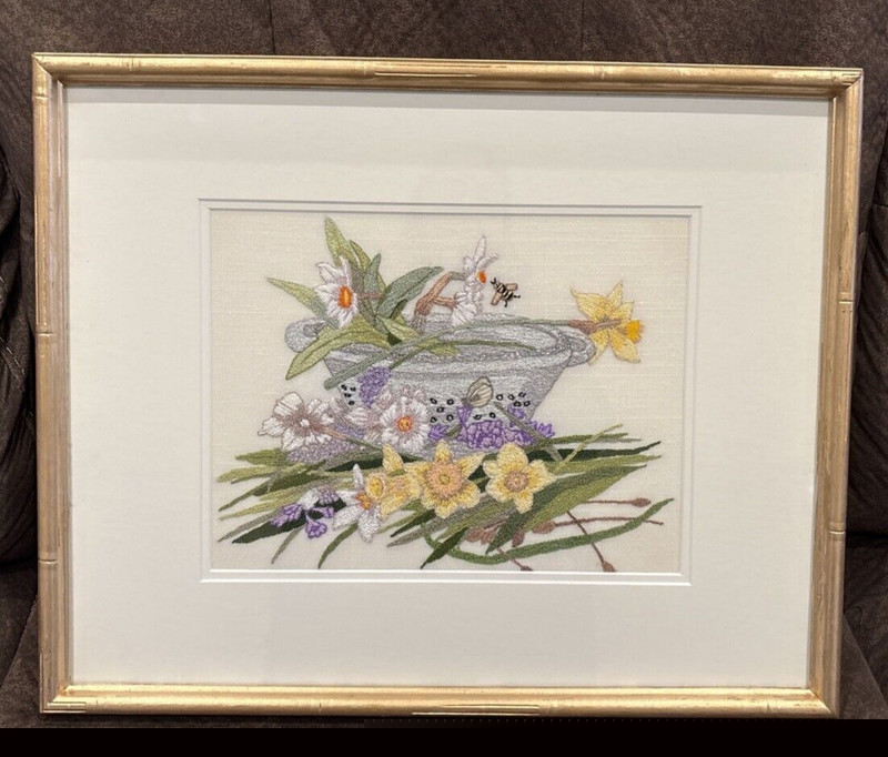 Vtg Needlepoint Embroidered Floral Scene W/ Bumblebee & Butterfly Framed 17″x21.