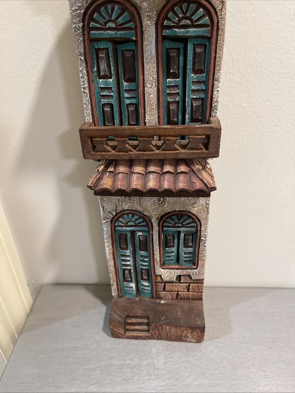Antique wood carving board of Street building in City Green Door Windows 15”H gallery