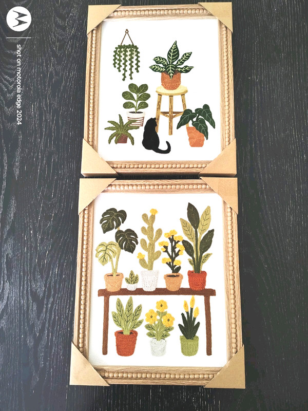 New BP Home Set Of 2 Embroidered Art-Cat with plants and Botanical Collection