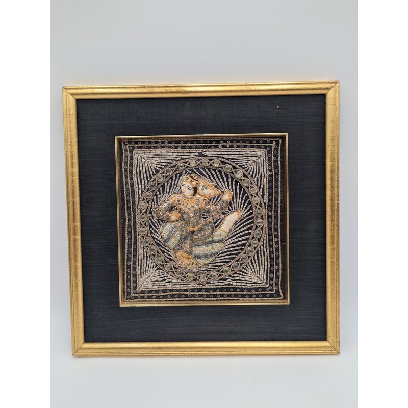 Vintage Kalaga Burmese Tapestry Embroidered Dancer Wall Hanging Framed EUC