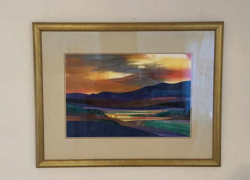 Jo Diggs “Sunset Symphony In Silk” Portland Maine Quilt Art Handmade Framed 32”