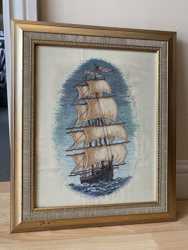 Wool Textile Art Picture Twin Mast 8 Sail Galleon Framed Glass Front 45cm x 37cm