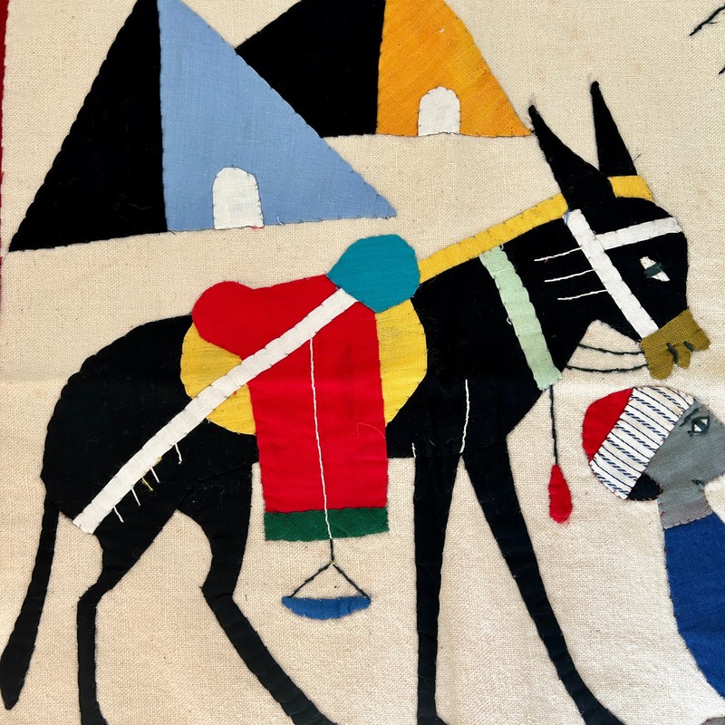 Vtg Khayamiya Egyptian Wall Hanging Hand Sewn Applique Textile Art Donkey Tents gallery