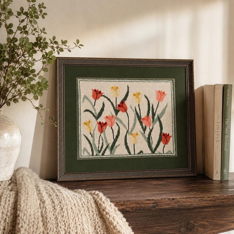 Vintage 1980s Framed Tulip Needlepoint Wall Art Floral Cottagecore Green Matted