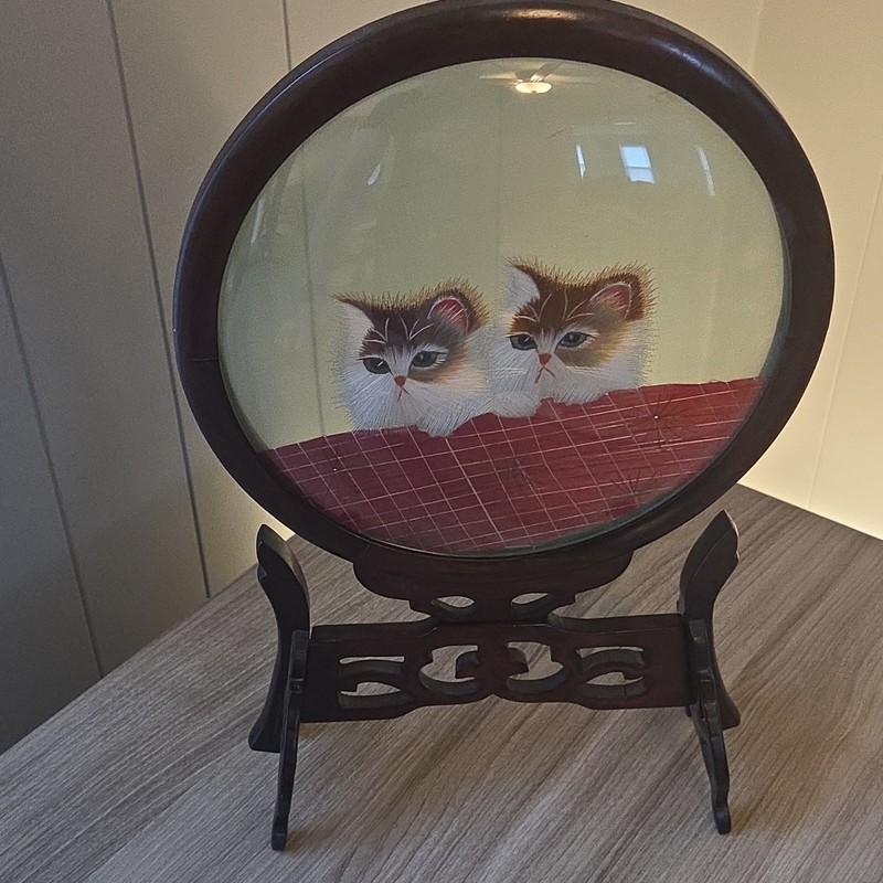 Chinese Silk Hand Embroidered Cat Table Screen Framed Art Small Chinese Style gallery