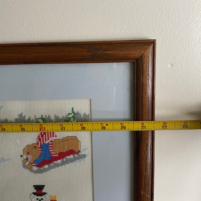 Vintage 1980s Cross Stitch Teddy Bear Christmas Winter Scene Framed Art gallery