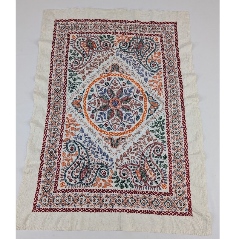 Vintage Bangladeshi Nakshi Kantha Hand Embroidered Textile 114x83cm