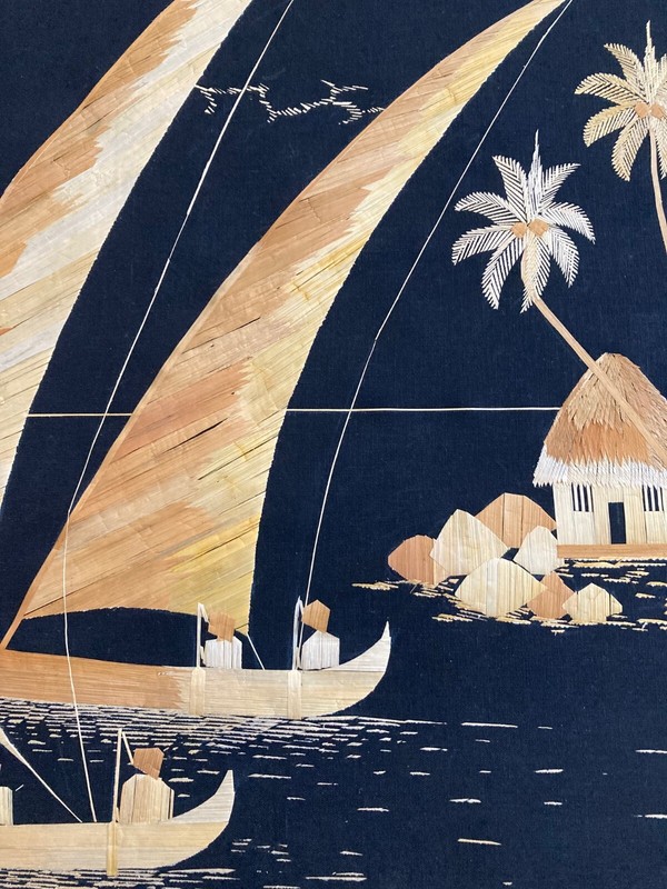 Vintage 1960's MCM Asian Pictures Bamboo Leaf and Rice Straw Set of 2 gallery