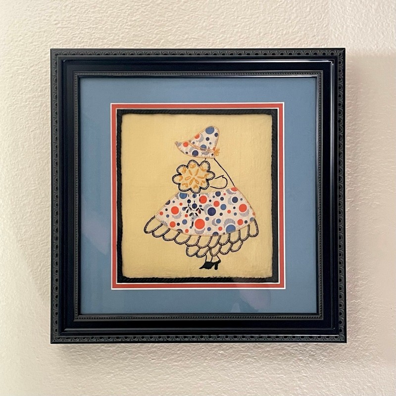 Sunbonnet Sue Framed Panel Applique Embroidery Vintage 1930s Art Wall Decor 14″