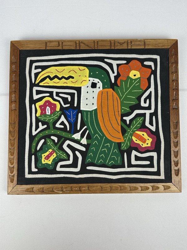 Framed Mola Toucan Panama Textile Art Hand Stitched Folk Art Vintage gallery
